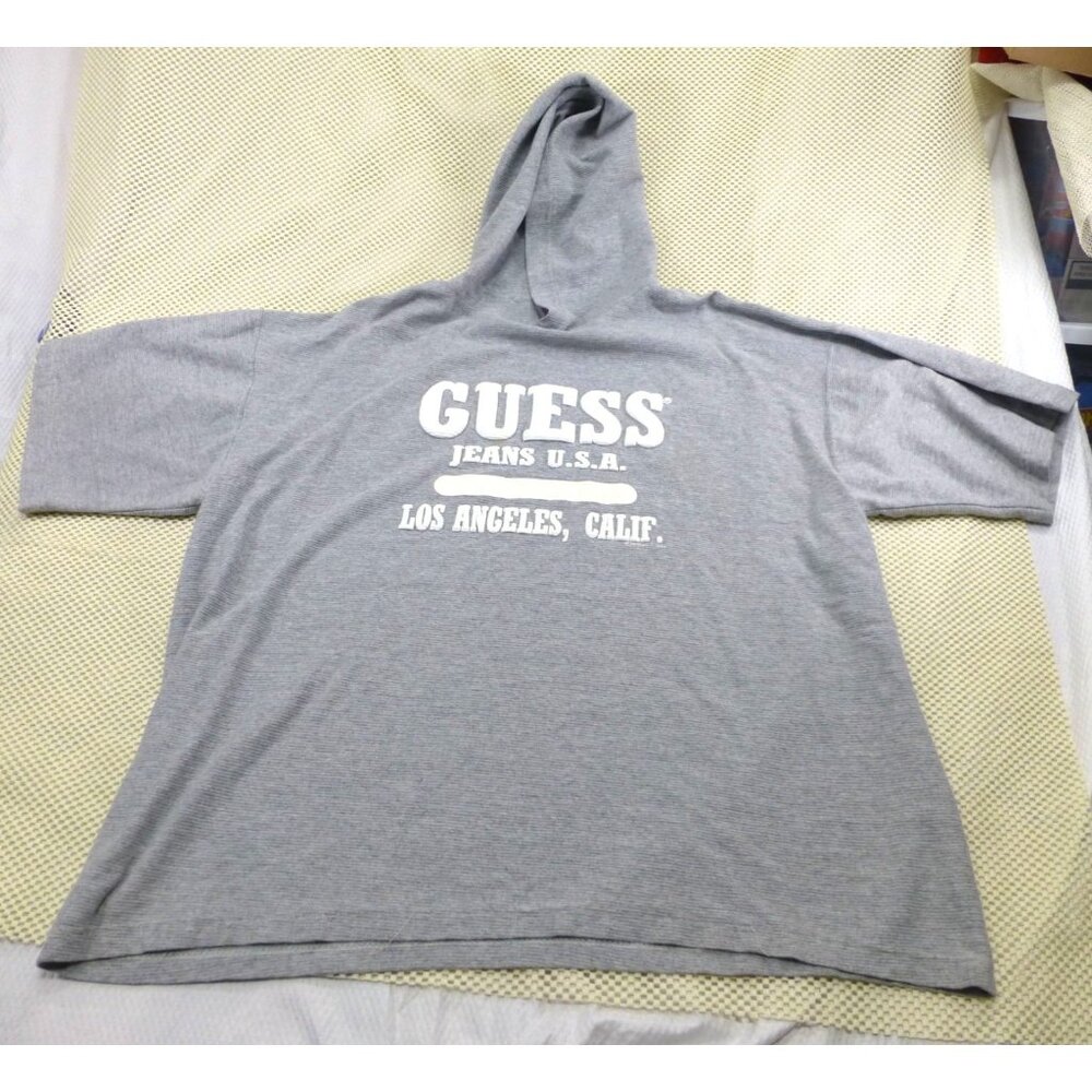 VTG Guess Jeans U.S.A. Gray Hooded T-Shirt Los Angeles Calif. Large 100% Cotton‎